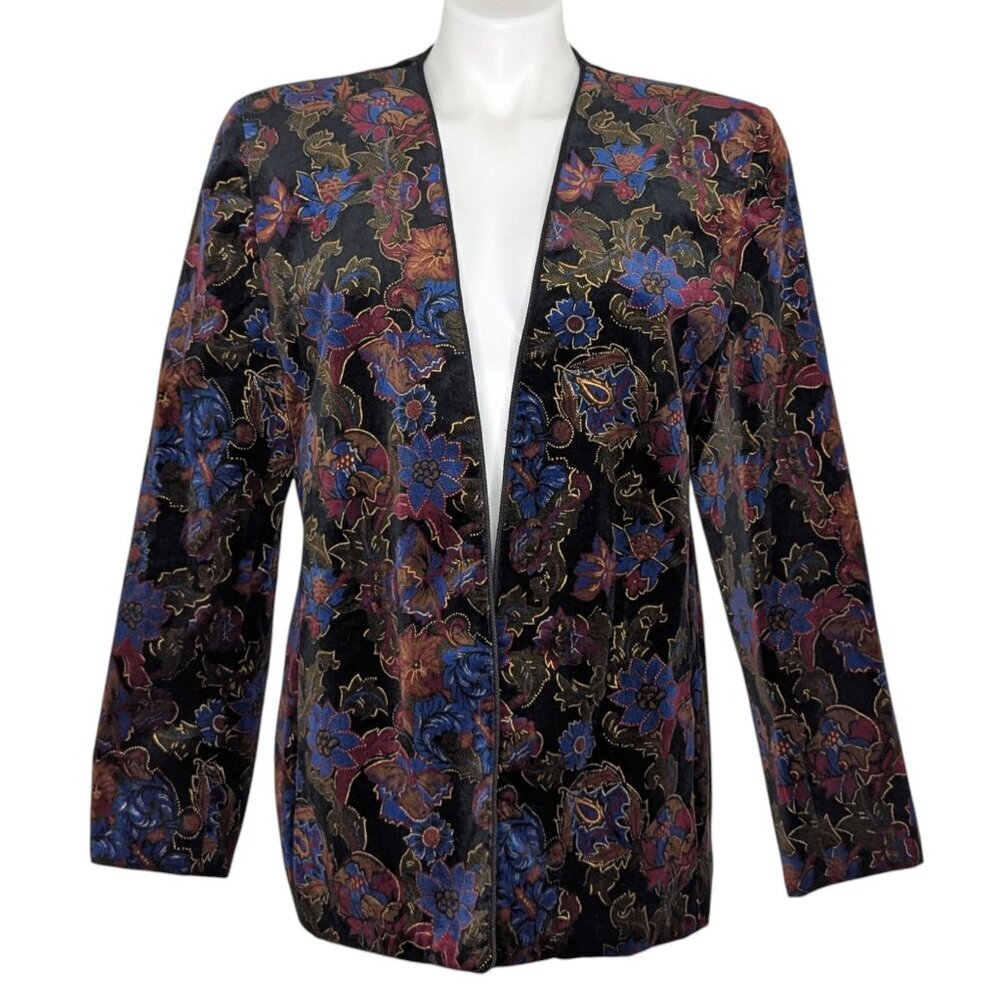 VTG Black Blue Floral Velvet Lined Blazer Dark Academia Whimsygoth